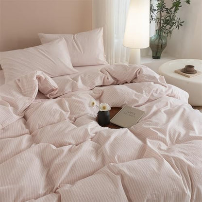 JIYUAN King Washed Cotton Duvet Cover Set, 3-Piece, Linen-Like Pinstripe