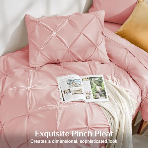 JOLLYVOGUE Twin Comforter Set 5 Pieces - Bed in a Bag Twin for All Season, Pintuck Bedding Comforter Sets with Comforter, Flat Sheet, Fitted Sheet and Pillowcases & Shams, Pink