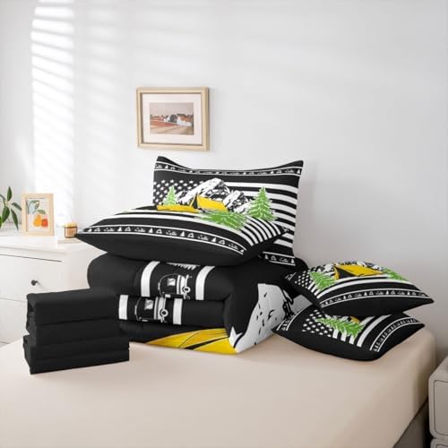 Erosebridal Camper Decor 7 Pcs Bedding Set Happy Camping Boys Bed in A Bag Rustic Farmhouse Comforter Set with Sheets King Size for Kids Teens Adult Room Bonfire Rv Travel Trailer Bed Sets, Black