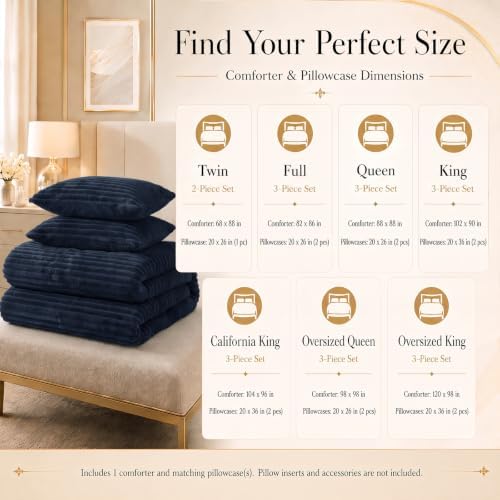 CozyLux Fleece Full Size Comforter Sets, 3 Piece Warm Navy Blue Bedding
