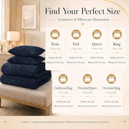 CozyLux Fleece Full Size Comforter Sets, 3 Piece Warm Navy Blue Bedding