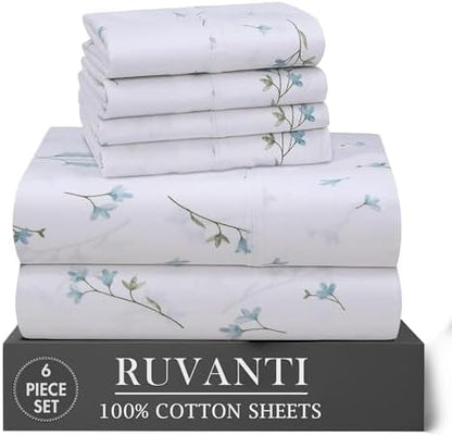 RUVANTI 100% Cotton California King Sheet Set, Percale Sheets, Burgeon