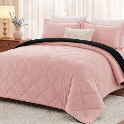 downluxe Queen Comforter Set Soft Reversible 3 Pieces, Pink/Black