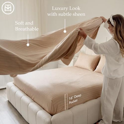 Threadmill 600TC Cotton Full Sheet Set, Sateen, Damask Stripe, Beige