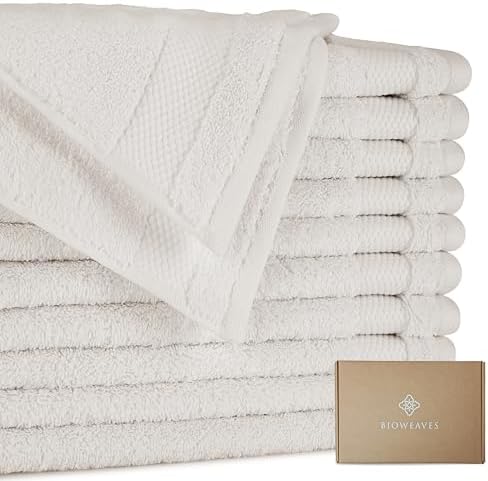 BIOWEAVES 100% Organic Cotton 700 GSM Plush Washcloths 13" x 13" GOTS Certified - Ivory, Pack of 12