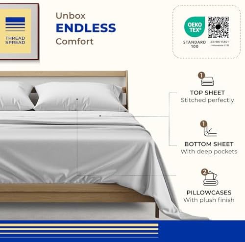 THREAD SPREAD California King Bed Sheets, Luxury 1000 Series Paradise Collection 100% Egyptian Cotton Cal King Sheets Set (4 PC, Silver Grey), Silky Soft, Cooling, 16" Deep Pocket Hotel Sheet Set