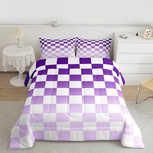 Feelyou Checkered Bedding Set for Boys Girls Modern Geometric Gradient Purple Comforter Set Toddler Size Cute Neutral Plaid Duvet Quilt Vintage Aesthetic Bedroom Decor 2 Pcs with 1 Pillow Cases
