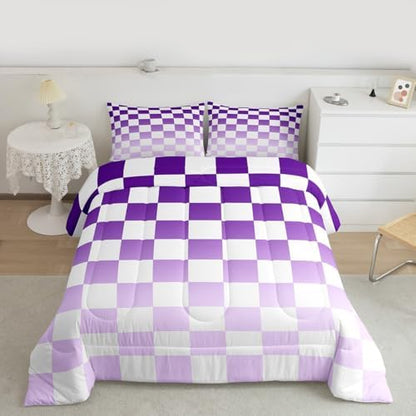 Feelyou Checkered Bedding Set for Boys Girls Modern Geometric Gradient Purple Comforter Set Toddler Size Cute Neutral Plaid Duvet Quilt Vintage Aesthetic Bedroom Decor 2 Pcs with 1 Pillow Cases