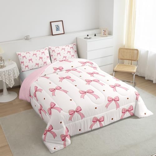 Feelyou Pink Bow Bedding Set for Kids Girls Woman Twin Size Cute Coquette