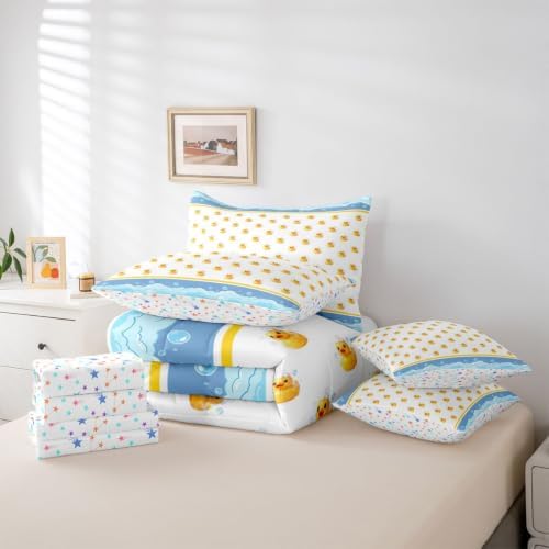 Erosebridal Cartoon Yellow Ducks King Bed in A Bag 7 Piece Kawaii Bubble Rubber Ducks Comforter Set with Sheets Lovely Farmhouse Animal Bedding Sets for Kids Adults,Cute Pet Animal Bed Set