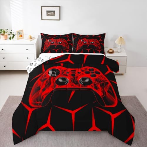 Feelyou Gamer Bedding Set Gamepad Comforter Set for Kids Boys Girls Teens Room Decor Gaming Gifts Comforter King Size Game Controller Red Duvet Set 3Pcs