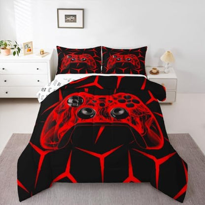 Feelyou Gamer Bedding Set Gamepad Comforter Set for Kids Boys Girls Teens Room Decor Gaming Gifts Comforter King Size Game Controller Red Duvet Set 3Pcs
