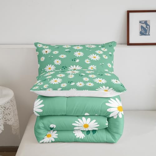 Homewish Girls Daisy Flowers Twin Size Comforter Set,Kids Daisy and Bee Decor All Season Bedding Set,Teens Green and White Comforter,Children Spring Floral Decor Quilt Set Bedroom Collection 2Pcs