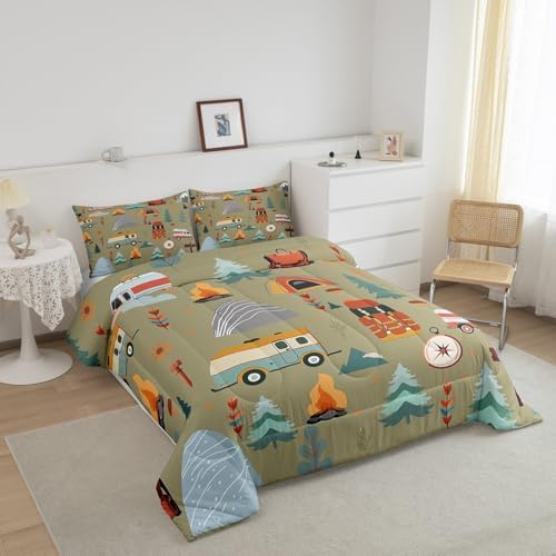 Feelyou Happy Camping Comforter Set for Kids Boys Girls Full Size Travel Bag Tent Print Bedding Set Soft Outdoor Themed Duvet Quilt Travel Trailers Comforter Camping Gifts Duvet Quilt