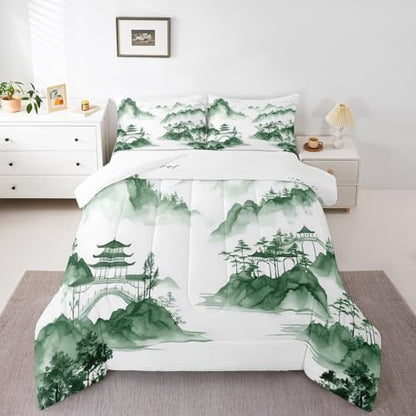 Oriental Culture Comforter Set Toddler Size,Chinese Style Abstract Art Bedding Set for Kids Girls Boys Adults Room Decor,Ink Painting Mountain Duvet Insert 2Pcs,Tie Dyeing Quilt Set,1 Pillowcase
