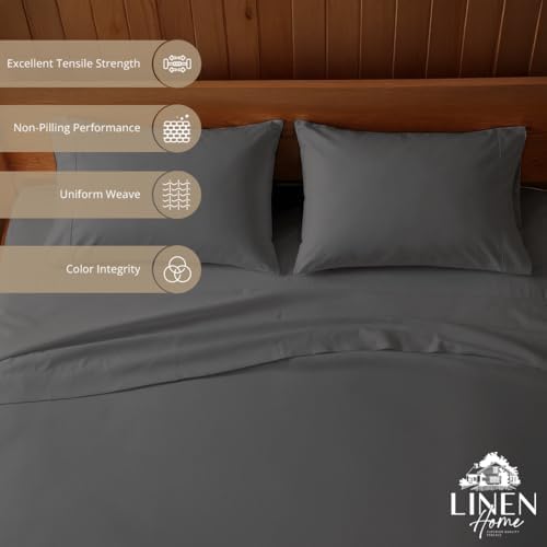 Linen Home 100% Cotton Percale Sheets California King Size, Smoky Charcoal, Deep Pocket, 6 Pieces Set- 1 Flat, 1 Fitted and 4 Pillowcases, Crisp Cool and Long Staple Strong Bed Linen
