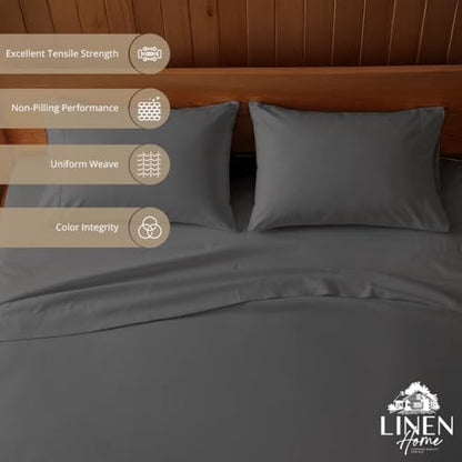 Linen Home 100% Cotton Percale Sheets California King Size, Smoky Charcoal, Deep Pocket, 6 Pieces Set- 1 Flat, 1 Fitted and 4 Pillowcases, Crisp Cool and Long Staple Strong Bed Linen