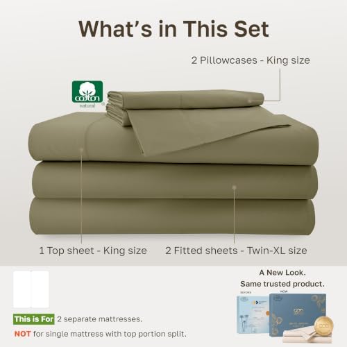 California Design Den 100% Cotton Sateen Split King Sheets Set, 5 Pcs