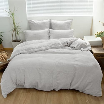Simple&Opulence 100% Linen Duvet Cover Set 3pcs Basic Style Natural French Washed Flax Solid Color Soft Breathable Farmhouse Bedding with Button Closure - Light Grey, Full