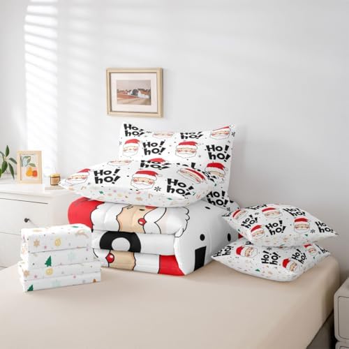 Erosebridal New Year 7 Pcs Comforter Set Twin, Santa Claus Bedding for Boys Girls, Hand Drawn Snowflakes Xmas Ho Bed in A Bag Sheet Set, Winter Cartoon Black Red Sunglasses Duvet Insert