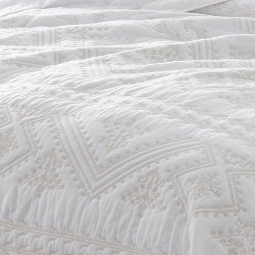 LEAONME 100% Cotton 3-Piece Quilt Set White Full Queen Size Lightweight Bedspread Coverlet 90''x98'' Soft Luxurious Golden Embroidered Bedding Set for All Seasons (1 Quilt, 2 Pillow Shams)
