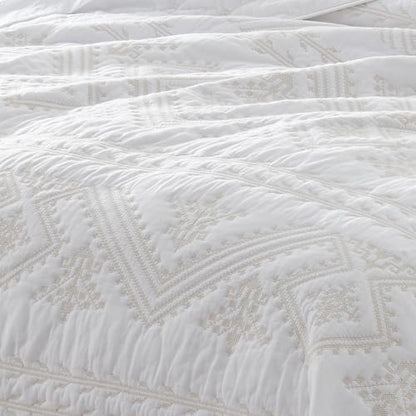 LEAONME 100% Cotton 3-Piece Quilt Set White Full Queen Size Lightweight Bedspread Coverlet 90''x98'' Soft Luxurious Golden Embroidered Bedding Set for All Seasons (1 Quilt, 2 Pillow Shams)