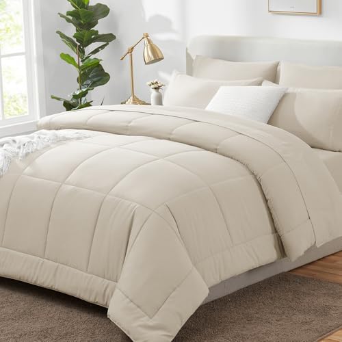 CozyLux Queen Comforter Set Beige - 7 Pieces Bed in a Bag