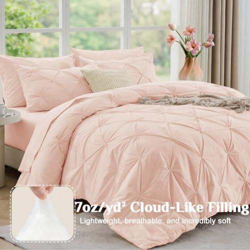JOLLYVOGUE Queen Comforter Set 7 Pieces - Bed in a Bag Queen for All Season, Pintuck Bedding Comforter Sets with Comforter, Flat Sheet, Fitted Sheet and Pillowcases & Shams, Blush Pink