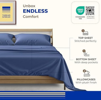 THREAD SPREAD Egyptian Cotton Sheets King Size - 1000 Series High Thread Count Cotton King Size Sheets Set (4 PC, Deep Blue), 16" Snug Fit Deep Pocket, Sateen Weave Ultra-Soft Hotel Luxury Sheet