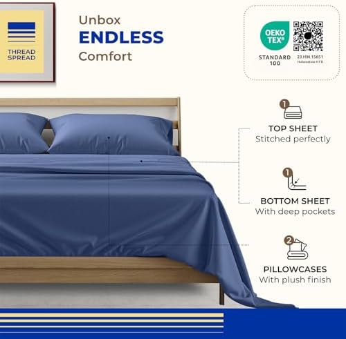 THREAD SPREAD Full Size Bed Sheets, Luxury 1000 Series Paradise Collection 100% Egyptian Cotton Sheets Full Size Set (4 PC, Deep Blue), Silky Soft, Cooling, Sateen, 16" Deep Pocket Hotel Sheet Set