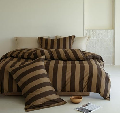 Twin Comforter Set 2 Pieces, 100% Cotton Brown and Beige Striped Bedding Set for All‑Season, Soft Hypoallergenic Reversible Comforter with 1 Pillow Sham