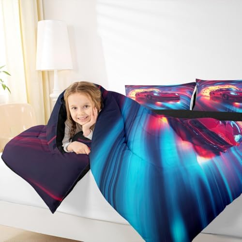 Erosebridal Boys Race Car Bedding Set Toddler,Cool Racing Car Comforter for Kids Boys Teens Toddler Red Blue Race Car Room Decor,Ombre Geometric Striped Duvet Comforter,Soft Lightweight & All Season
