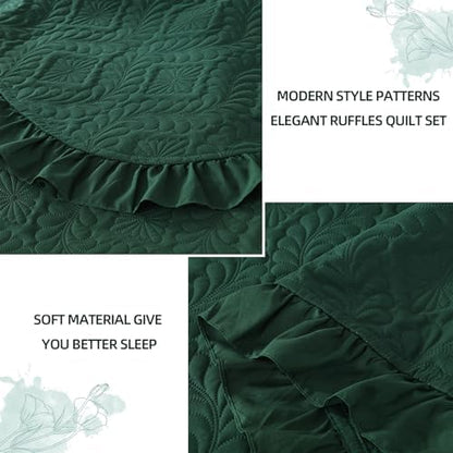 DJY King Quilt Set Emerald Green, 3 Pieces Ruffled Bedspreads Quilt