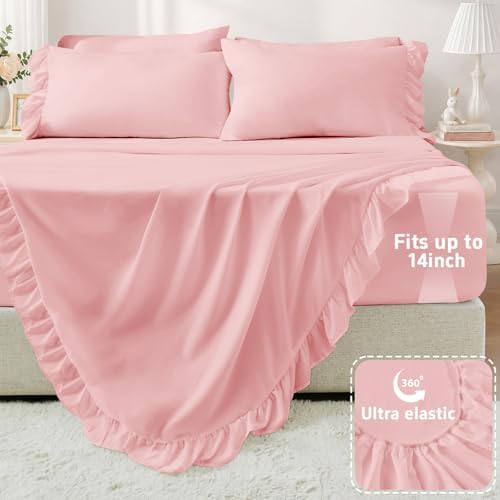 FUANNA Queen Sheets 4 Pieces - Pink Sheets with 4-Inch Ruffles Bed Skirt