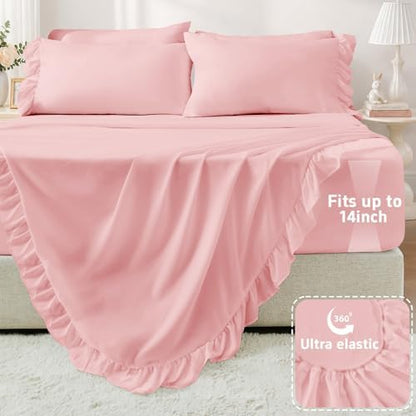FUANNA Queen Sheets 4 Pieces - Pink Sheets with 4-Inch Ruffles Bed Skirt