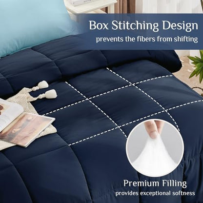 JOLLYVOGUE Full Comforter Set, Ultra-Soft Bed in a Bag Full Size 7 Pieces, Oeko-TEX Certified Bedding Set with Down Alternative Comforter, Sheets, Pillowcases & Shams, Navy & Light Blue