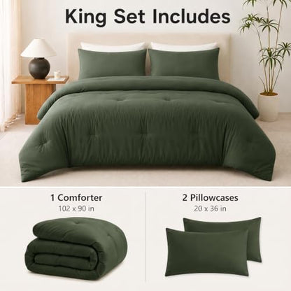 CozyLux King Comforter Set, 3 Pieces Down Alternative Bedding, Dark Green