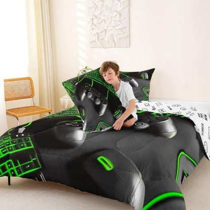 Feelyou Gamer Comforter Set All Season Gaming Bedding Set with 2 Pillow Cases Game Room Decor Microfiber Kids Full Bedclothes Gamepad Bedroom Decor Green Duvet Quilt Breathable Soft Lightweight