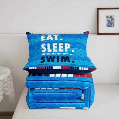 Swimmer Comforter Set Queen Size,Swimming Lover Bedding Sets 3Pcs for Kids Teens Boys Men Room Decor,Swimming Sports Quilted Duvet Swimming Lane Stripes Dark Blue Down Comforter,2 Pillowcases
