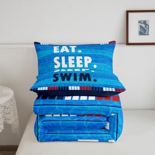 Homewish Swimmer Comforter Set King Size,Swimming Lover Bedding Sets 3Pcs for Kids Teens Boys Men Room Decor,Swimming Sports Quilted Duvet Swimming Lane Stripes Dark Blue Down Comforter,2 Pillowcases