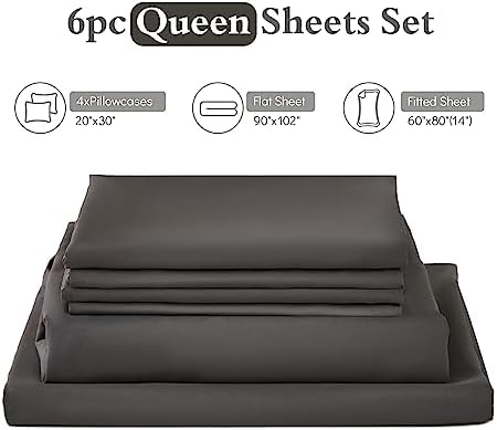 ILAVANDE Queen Sheets Set 6 Piece,Hotel Luxury Super Soft 1800 Series Microfiber Queen Bed Sheets Set-Wrinkle Free & Breathable-14 Deep Pocket Sheets for Queen Size Bed(Queen,Neutral Grey)