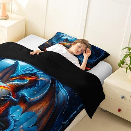 Feelyou Blue Black Dragon Bedding Set Soft for Boys Girls, Wild Animal Comforter Set Toddler Size Mysterious Dragon Egg Duvet Quilt Microfiber Gothic Magic Bedroom Decor 2 Pcs with 1 Pillow Cases