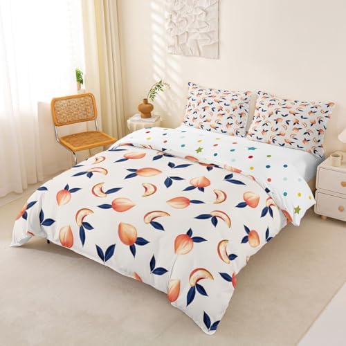 Erosebridal Peach Comforter Cover Set Queen for Girls Women Kids Cute Cartoon Fruit Printed Reversible Duvet Cover Stripe Decor Simple Soft Microfiber Polyester Bedding Set, Zipper, 3 Pieces