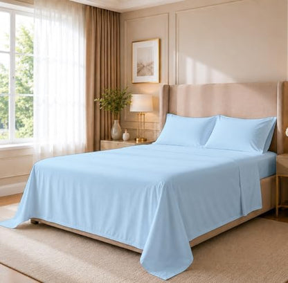 Cottingon 4 PC Olympic Queen Sheets, 15" Deep, Egyptian Cotton, Light Blue