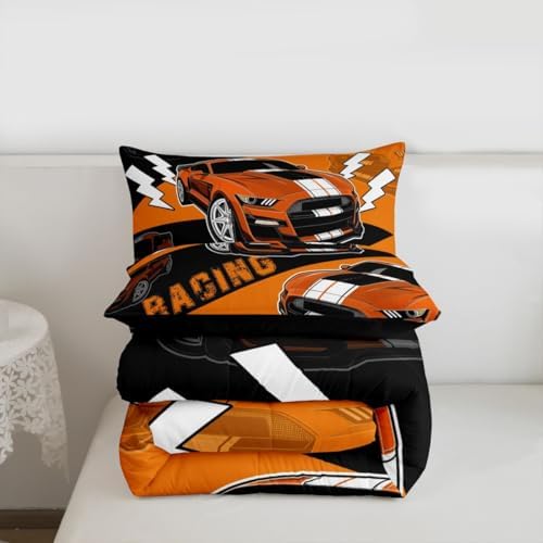 Erosebridal Orange Race Car Bedding Set for Boys Sports Car Comforter Set Queen,Race Car Bedroom Decor for Boys Girls Kids Racing Car Comforter Set Cool Race Cars Gamer Bedding Sets 3Pcs