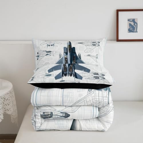 Erosebridal Fighter Aircraft Kids Comforter Sets Military Jet Full Bedding Set for Boys Girls Hand Drawn Grid Aircraft Comforter Set Modern Flying Airplane Quilt Duvet 3 Pcs