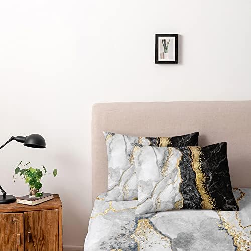 Black Gray and Gold Metallic Marble Duvet Cover Set Queen Size Foil Print Glitter Bedding Comforter Covers with 2 Pillow Shams Breathable Durable Soft Comfy