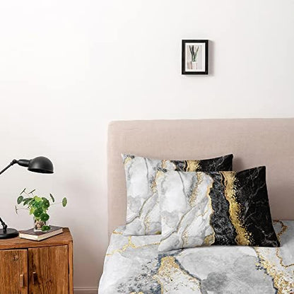 Black Gray and Gold Metallic Marble Duvet Cover Set Full Size Foil Print Glitter Bedding Comforter Covers with 2 Pillow Shams Breathable Durable Soft Comfy