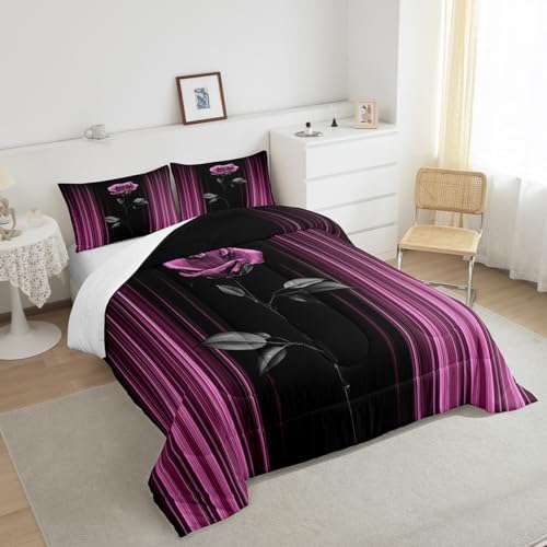 Feelyou Abstract Ombre Comforter Set King Size Kids Romantic Rose Comforter for Boys Girls Teens Purple Pink Bedding Set Geometric Striped Duvet Set Room Decor Quilt Set