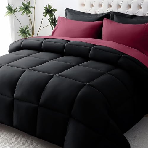 JOLLYVOGUE King Comforter Set, Ultra-Soft Bed in a Bag King Size 7 Pieces, Oeko-TEX Certified Bedding Set with Down Alternative Comforter, Sheets, Pillowcases & Shams, Black & Deep Burgundy